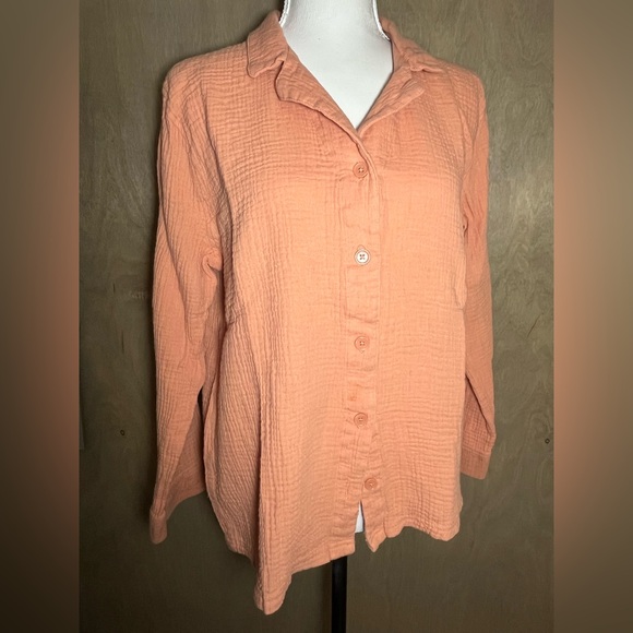 Serra Tops - Coral Cotton Gauze Long Sleeve Buttoned Blouse M